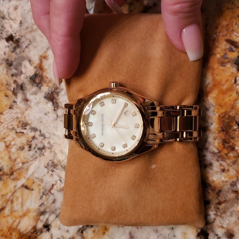MICHAEL KORS Gold-Tone Stainless Steel Watch with Mother-of-Pearl & Crystal Dial